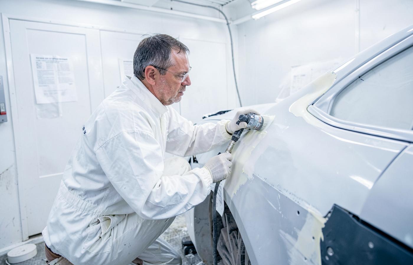 Technician preparing and sanding a car panel in the paint booth at Alex Foreign Motors