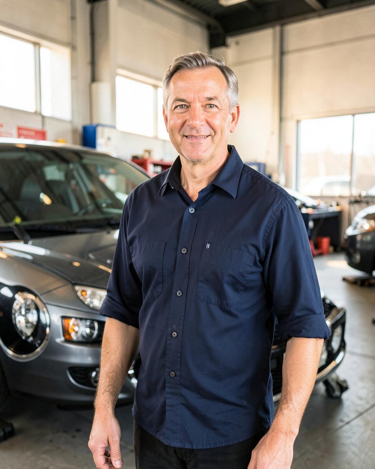 Owner of Alex Foreign Motors standing in the service bay of the Bethlehem, PA shop
